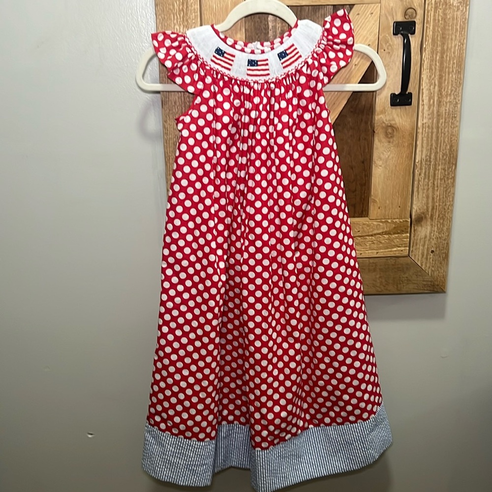Lolly Wolly Doodle Red and White Polka Dot Smocked Dress with Blue Trim